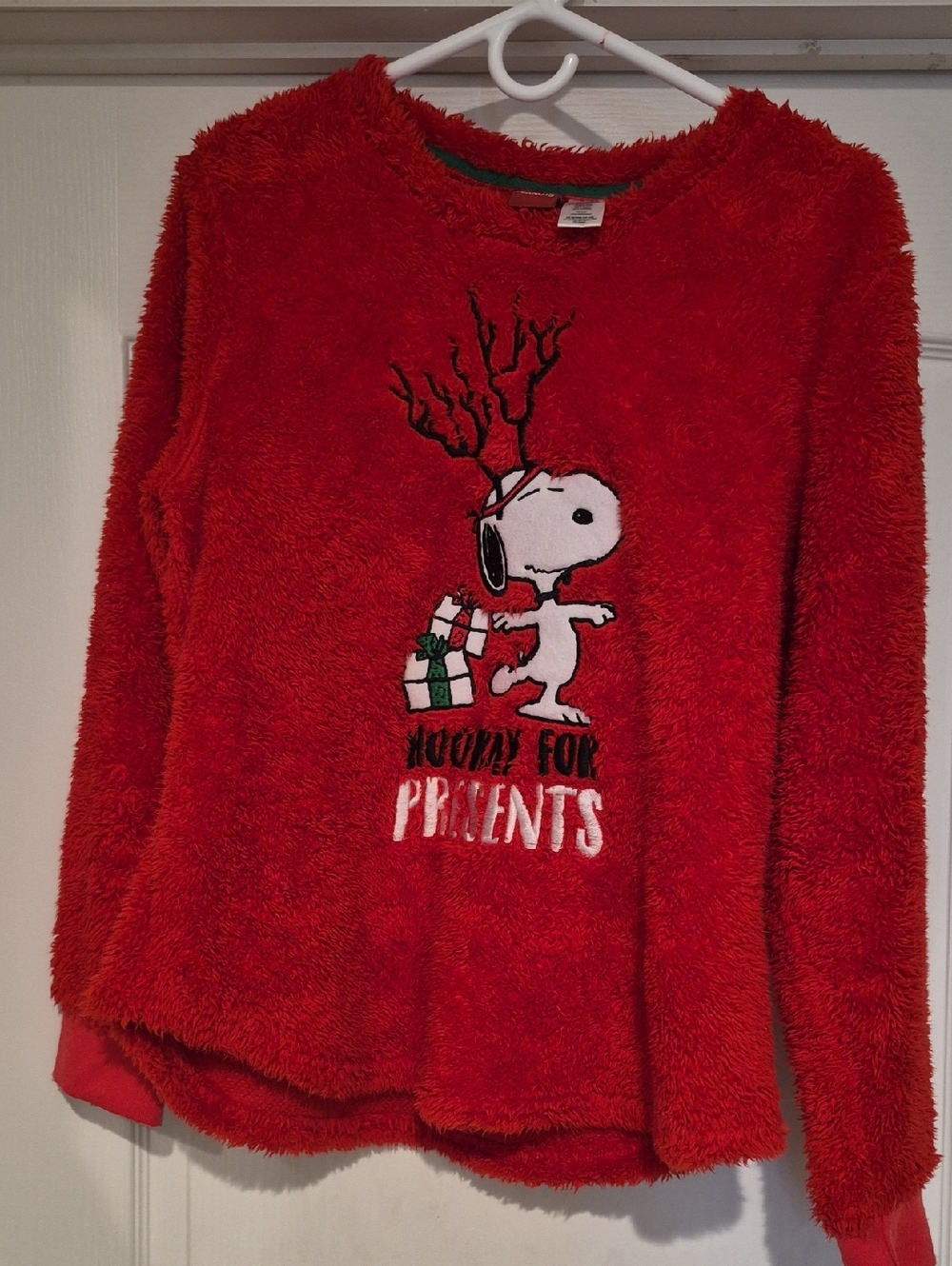 Peanuts Red Fuzzy Holiday Pullover with Green Trim